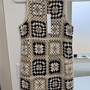 House of Harlow 1960 Crochet Pattern Dress in Black, White, and Tan